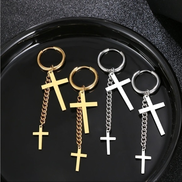 ⭐️ New Gold or Silver Cross Dangle Hoop Earrings - Picture 8 of 10